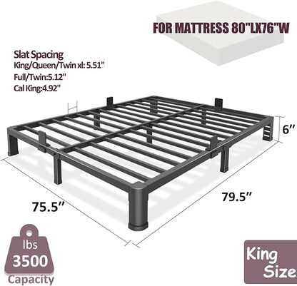 Bilily 6 Inch Low Bed Frame King with Round Corner Legs,3500 LBS Heavy Duty Low Profile King Size Bed Frame Metal Platform, No Box Spring Needed, Easy Assembly, Noise-Free, Headboard Compatible,Black