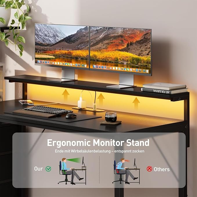 HLDIRECT 60 inch Gaming Desk with 3 Fabric Drawers & Side Hooks-Reversible Home Office Computer Desk with Power Outlets & Led Lights, Gamer Desk Table with Monitor Stand, Black