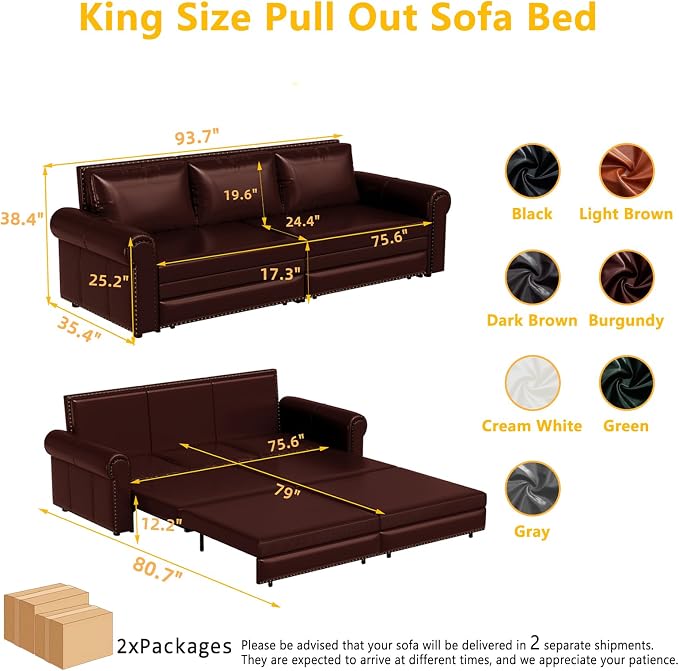 93.7" King Pull Out Sofa Bed, Faux Leather Sleeper Sofa Couch, 3 in 1 Convertible Futon Couches for Living Room, Small Space, Apartment, Office, Bedroom, Modern Rivet Armrest, Burgundy