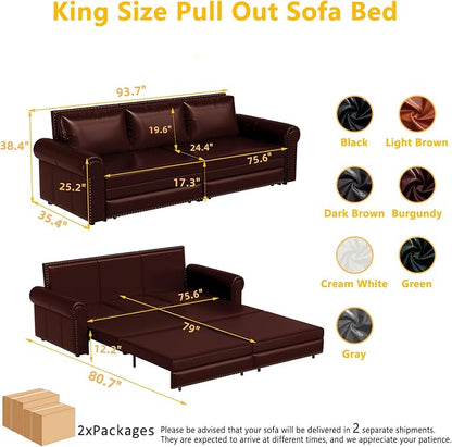 93.7" King Pull Out Sofa Bed, Faux Leather Sleeper Sofa Couch, 3 in 1 Convertible Futon Couches for Living Room, Small Space, Apartment, Office, Bedroom, Modern Rivet Armrest, Burgundy