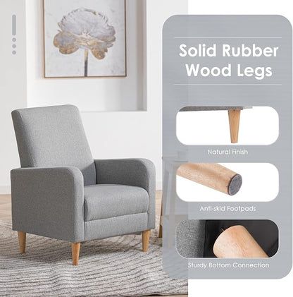 COLAMY Mid-Century Modern Accent Chair, Fabric Upholstered Living Room Chair with Back Pillow & Solid Wood Legs, Comfy Armchair for Living Room, Bedroom, Single Sofa, Grey