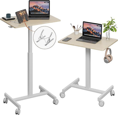 18.9*25.6 inch Mobile Standing Desk,T Shaped Pneumatic Adjustable Height Stand Up Desk,with Lockable Wheels,Ergonomic Standing Side Table for Home Office Work Computer Workstation MAPLE+WHITE