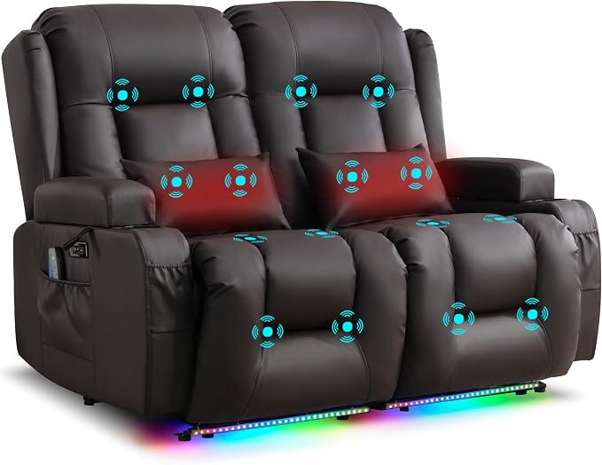 URRED Power Loveseat Recliner Sofa with Massage and Heat, Wall Hugger Reclining Loveseat, RV Couch Home Theater Seating with LED Lights for Living Room (Dark Brown, 54" - 2 Seats)