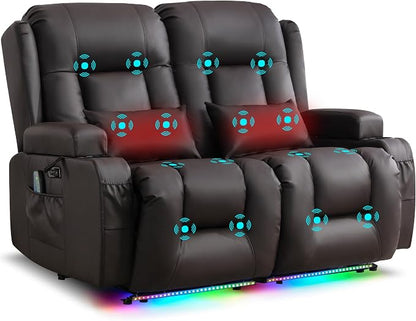 URRED Power Loveseat Recliner Sofa with Massage and Heat, Wall Hugger Reclining Loveseat, RV Couch Home Theater Seating with LED Lights for Living Room (Dark Brown, 54" - 2 Seats)
