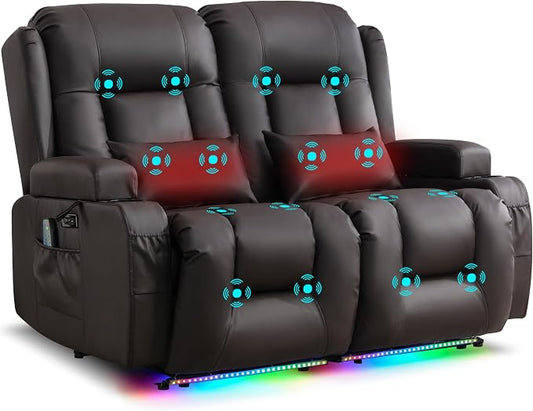 URRED Power Loveseat Recliner Sofa with Massage and Heat, Wall Hugger Reclining Loveseat, RV Couch Home Theater Seating with LED Lights for Living Room (Dark Brown, 54" - 2 Seats)