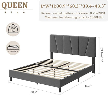 GarveeHome Queen Size Bed Frame with Upholstered Headboard, Modern Fabric Platform Bed Frame with Wooden Slat Support, Adjustable Headboard, No Box Spring Needed, Noise-Free, for Bedroom