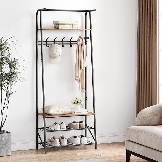 IDEALHOUSE Coat Rack Shoe Bench with 5 Hooks, Hall Trees Entryway Bench with Storage, Multifunctional Hallway Organizer, Wood Look Accent Furniture with Metal Frame for Entryway, Living Room, Bedroom