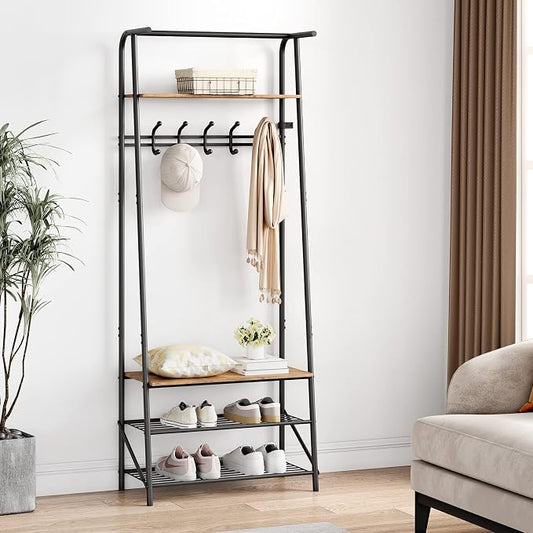 IDEALHOUSE Coat Rack Shoe Bench with 5 Hooks, Hall Trees Entryway Bench with Storage, Multifunctional Hallway Organizer, Wood Look Accent Furniture with Metal Frame for Entryway, Living Room, Bedroom