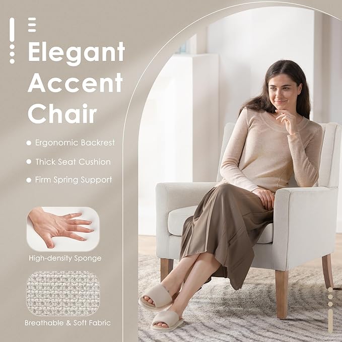 COLAMY Modern Wingback Living Room Chair Set of 2, Upholstered Fabric Accent Armchair, Single Sofa Chair with Lounge Seat and Wood Legs for Bedroom/Office/Reading Spaces, Beige