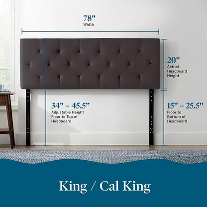 Lucid Mid-Rise Upholstered Headboard - Diamond Tufted - Padded Polyester - Adjustable Height from 34” to 46” - Easy Assembly - Bed Frame or Wall Mount - Sturdy - Charcoal - King / Cal King Size