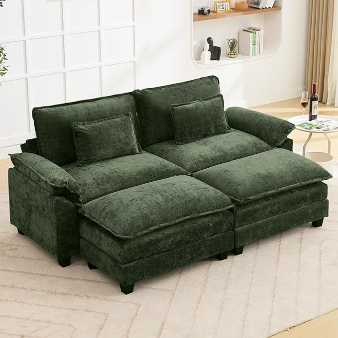 Oprisen 86" Modular Sectional Sofa, Comfy Cloud Couch Sectional Sofa with Ottoman, Chenille Sofa Sleeper Deep Seat Sofa with Throw Pillows for Living Room (Green)