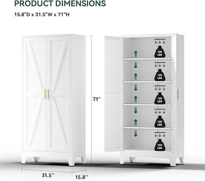 Kitchen Pantry Cabinet,71" H x 31.5" W,Metal Farmhouse Storage Cabinet with Adjustable Shelves and Barn Doors,5-Tier Storage Cabinet for Kitchen Dining Room Garage,White 1 Pack
