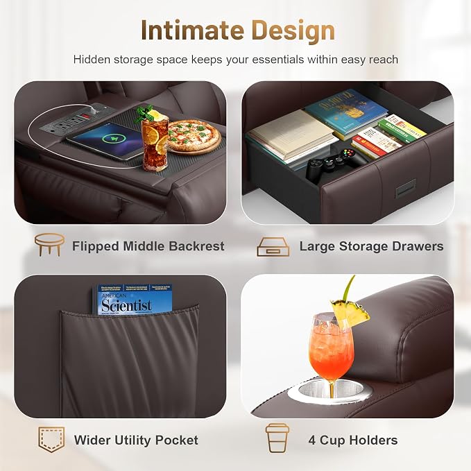 Loveseat Recliner Sofa, Home Theater Seating with Massage, 3 Seat Reclining Loveseats with Flip Backrest, Wall Hugger RV Couch Theater Chairs, RV Furniture Sofas with USB, Cup Holders for Gaming Room