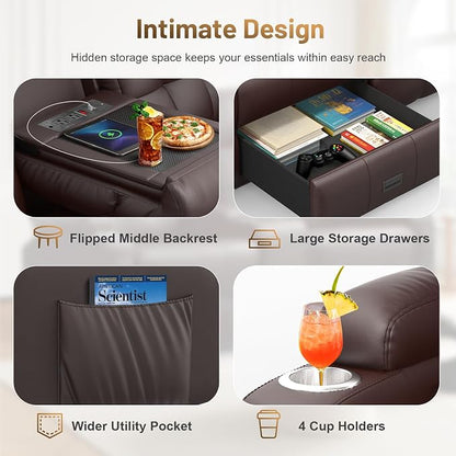 Loveseat Recliner Sofa, Home Theater Seating with Massage, 3 Seat Reclining Loveseats with Flip Backrest, Wall Hugger RV Couch Theater Chairs, RV Furniture Sofas with USB, Cup Holders for Gaming Room