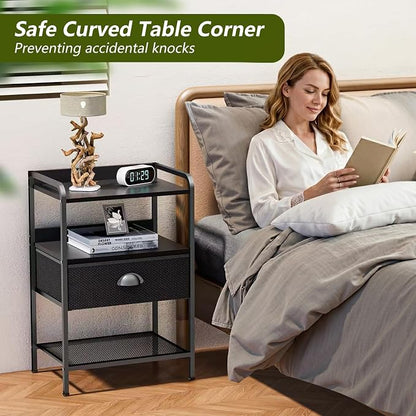 Nightstands Set of 2, Bedside Table with 1 Fabric Drawer, Open Mesh Shelf, End Table Side Table with Storage Drawer Dresser, Wear-Resistant Metal Frame, Bedroom, Black