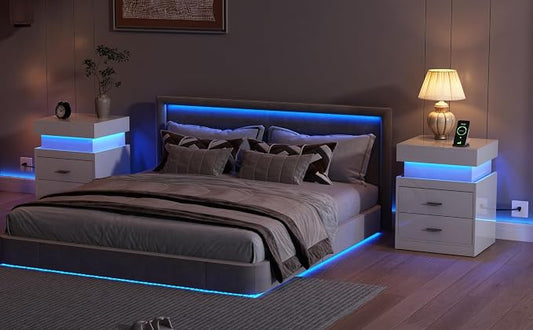 ChooChoo LED Nightstand Set of 2,Smart Night Standwith Charging Station and Sliding Top Storage, White