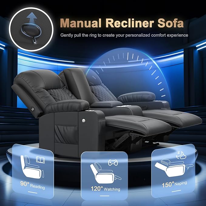 Loveseat Recliner Sofa, Home Theater Seating with Center Console, Reclining Loveseat RV Couch with USB Ports & Phone Holders, Wall Hugger RV Sofa Furniture with Storage & Pocket