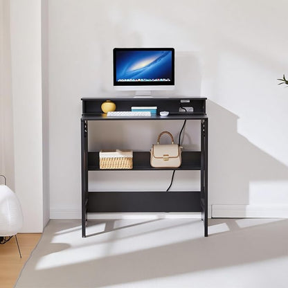 Fold Out Desk with Power Outlets, Small Foldable Table with Storage Shelf,Space-Saving Hidden Desk for Bedroom, Living Room & Office (Black)