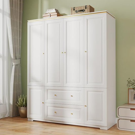 Armoire Wardrobe Closet with Drawers: Large White Wardrobe Closet with 4 Doors and 2 Drawers, Wooden Bedroom Armoires Storage Cabinet with Hanging Rod and Shelves (59")