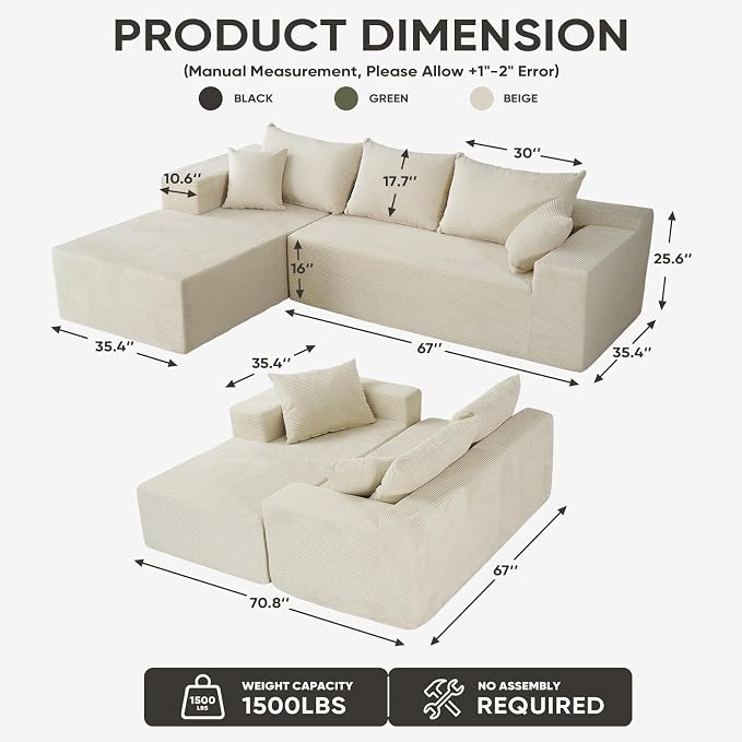 Boneless Couch, 102.4" Sectional Couches for Living Room with L Shape Sofa | Cloud Couch Sectional with Chaise, Modular Cloud Sofa with Deep Seat, No Assembly, Beige, Corduroy, Left Chaise