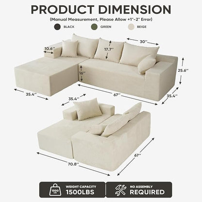 Boneless Couch, 102.4" Sectional Couches for Living Room with L Shape Sofa | Cloud Couch Sectional with Chaise, Modular Cloud Sofa with Deep Seat, No Assembly, Beige, Corduroy, Left Chaise