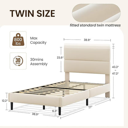GRUSIGN Twin Size Platform Bed Frame with Velvet Headboard, Adjustable Height Wooden Slats Support, Upholstered Mattress Foundation, Fits Mattress or Mattress with Box Spring, Easy Assembly, Beige