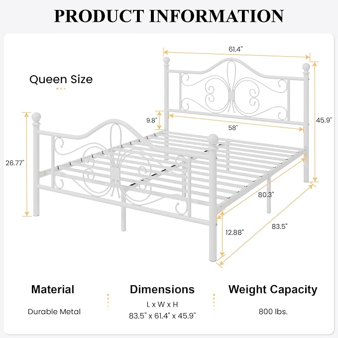 SHA CERLIN Queen Size Bed Frame with Headboard,Metal Bed Frame with Butterfly Pattern Design Headboard & Footboard,No Box Spring Needed,Easy Assembly,White