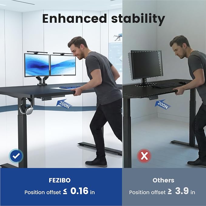 FEZIBO 63 x 37 Inch Electric Standing Desk with Integrated Dual-Beam & Cable Management, Memory Height Adjustable Computer Desk for Home Office Workstation, 1" Thick Large 3-Piece Tabletop Black