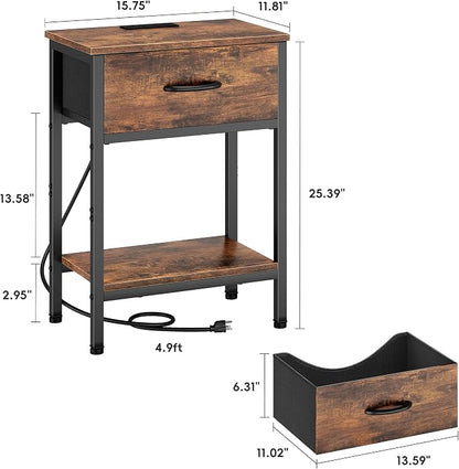 Vagusicc Nightstand with Charging Station, End Table with Fabric Drawer, Small Side Table with 2-Tier Storage Shelves, 25.4" Tall Bedside Table, Night Stand for Bedroom Living Room Dorm, Rustic Brown