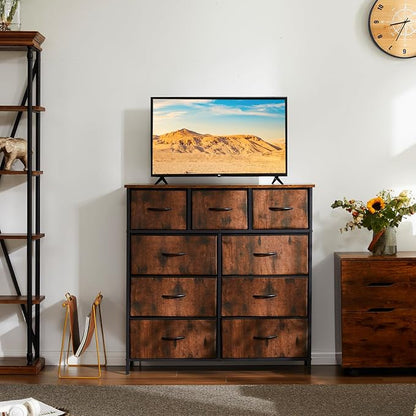DUMOS 9 Drawer Dresser for Bedroom, Storage Organizer Chest of Drawers | Fabric Bins Storage Tower with Sturdy Metal Frame, Wood Tabletop for Closet, Brown