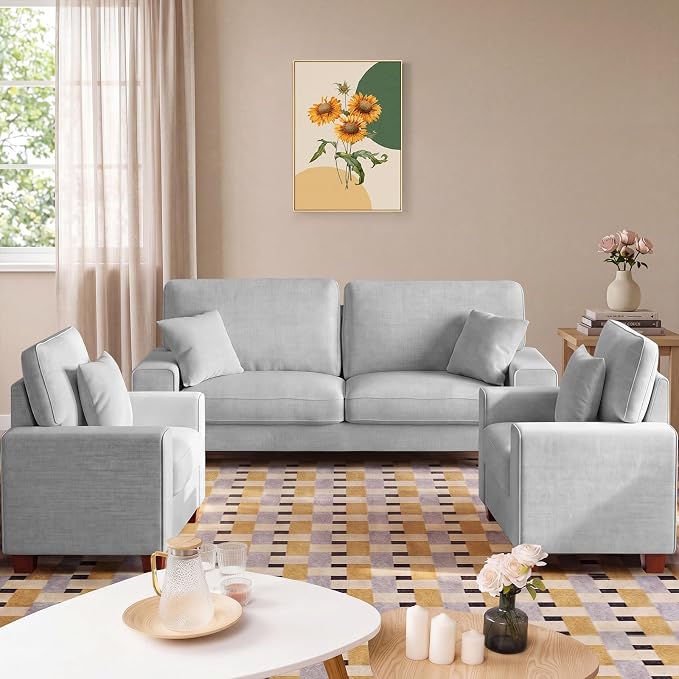 DOPEDIO Modern Living Room Sofa Set, 71.25" Chenille Loveseat with 2 Accent Chairs, Removable Covers, Spring Cushions, Solid Wood Frame, Easy Assembly（71.25inch+2 Single,Light Gray）