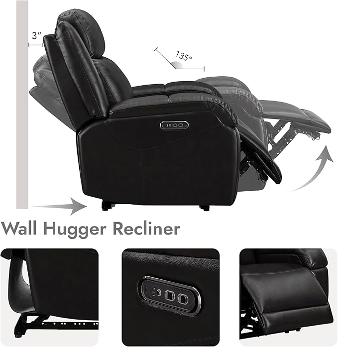 Watson & Whitely Genuine Leather Power Recliner Chairs for Adults, Wall Hugger RV Recliner with Power Headrest & Charging Ports, Electric Recliner Sofa Chair for Living Room, Black