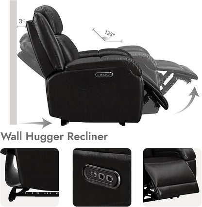 Watson & Whitely Genuine Leather Power Recliner Chairs for Adults, Wall Hugger RV Recliner with Power Headrest & Charging Ports, Electric Recliner Sofa Chair for Living Room, Black