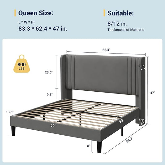Allewie Queen Size Velvet Platform Bed Frame with Vertical Tufted Wingback Headboard, Easy Assembly, Under Bed Storage, No Box Spring Required, Modern Style, Grey