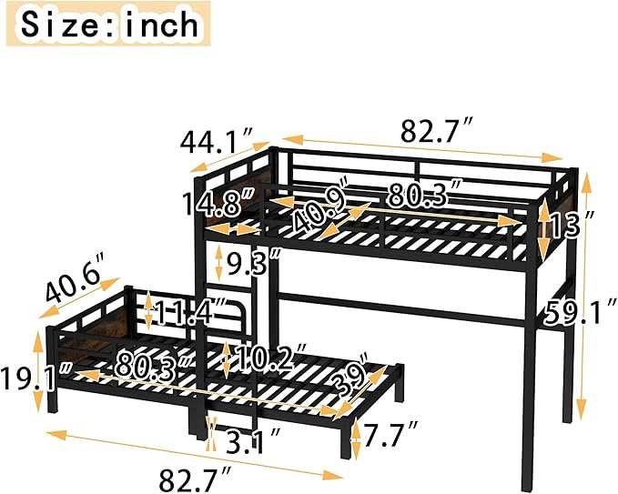 Twin XL Over Twin XL Metal Bunk Bed, Heavy Duty Convertible Bunk Bed Frame with Headboard & Full Guardrails, Can Be Split into Two Platform Beds or Loft Bed,Vintage