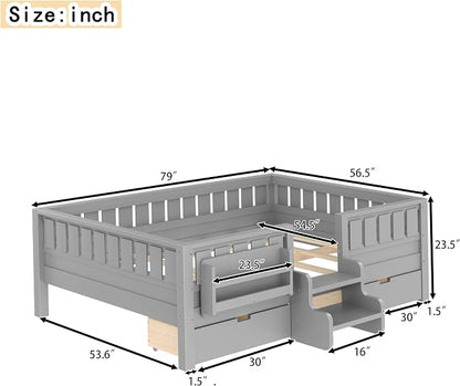 Bellemave Full Size Kids Bed with high Rails and with Built-in Bookshelf and Drawers for Kids, Girls, Boys, Wood Montessori Bed Without Door, Gray