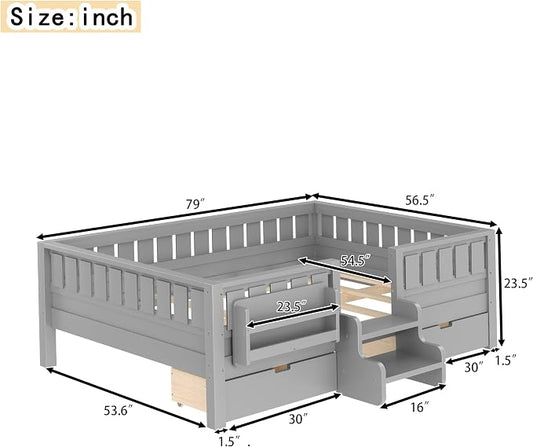 Bellemave Full Size Kids Bed with high Rails and with Built-in Bookshelf and Drawers for Kids, Girls, Boys, Wood Montessori Bed Without Door, Gray