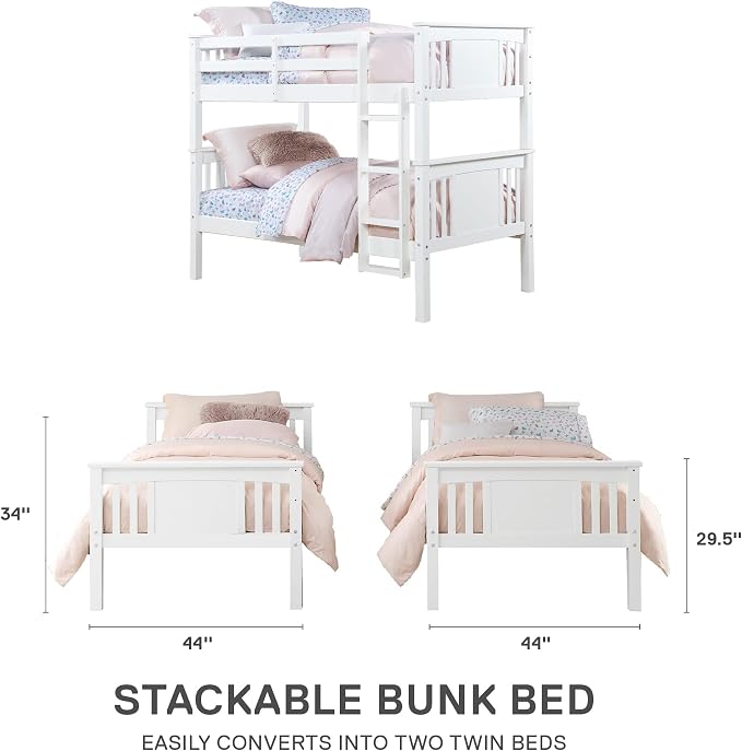 DHP Dylan Convertible Wood Bunk Bed, Stackable and Detachable Bed Frames for Kids and Teens, with Ladder, High Guardrail, Wood Slats, No Boxspring Required, Twin-Over-Twin, White