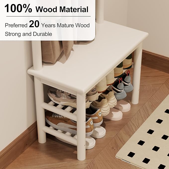 AQIMUELE Coat Rack with Shoe Storage, Narrow Wooden Hall Tree with Bench, 11 Hooks and 2-Tier Storage Shelves, 3-in-1, Entryway Bench with Coat Rack (23.6"-Deep White)