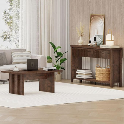 BON AUGURE 47 Inch Coffee Table, Fluted Side Panels Coffee Tables for Living Room, Large Wooden Tabletop Center Table, Farmhouse Living Room Tables for Lounge, Office, Rustic Oak