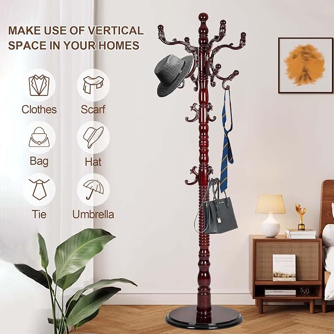 Wooden Coat Rack Freestanding with 18 Hooks, Adjustable Height Coat Tree Free Standing Heavy Duty for Entryway, Easy Assembly Solid Wood Sturdy Coat Hats Hanger Stand for Office Hallway Bedroom