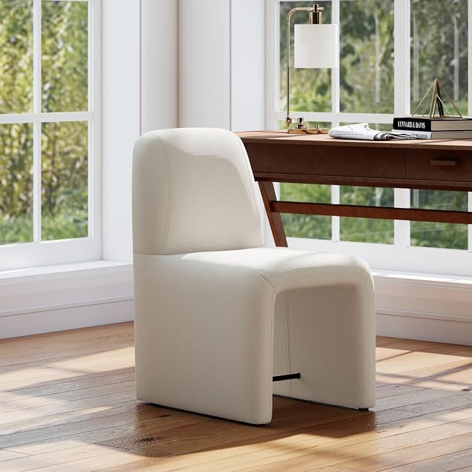 Hyfirm Upholstered Dining Chairs Set of 1, Modern Armless Desk Chair with Metal Footrest for Diningroom Bedroom Livingroom Reading Room,White Fabric