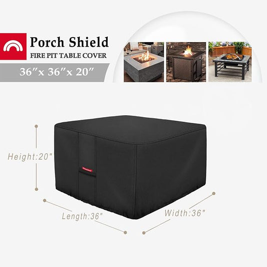 Porch Shield Fire Pit Cover - Waterproof 600D Heavy Duty Fade Resistant Square Patio Fire Pit Table Cover Black - 36 x 36 inch
