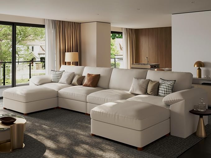 EASE MOOSE Oversized Leather Modular Sectional Sofa,Sectional Couch with Deep Seat,Extra Large U Shaped Couch,Faux Leather Material Sofa Modern Comfy Scratch Resistant,Beige