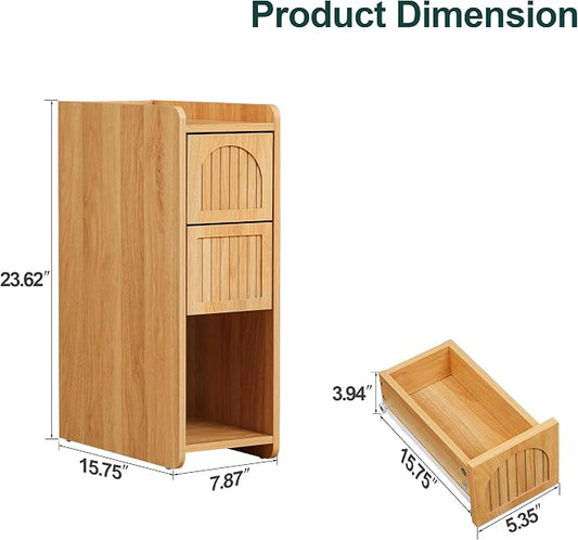 Narrow Nightstand Set of 2, Wooden Small 2 Drawer Nightstand, Slim Side End Table, Skinny Bedside Table, Mid Century Modern Night Stand with Drawers for Bedroom (Yellowish Natural)