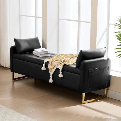 65" End of Bed Storage Bench, Modern Storage Benches for Foot of Bed with Tufted Button and Gold Legs, Upholstered Faux Leather Window Ottoman Benches with Armrests, Black