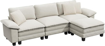 PHI VILLA Cloud Modular Couch Sets, 123.6" Sectional Sofa with L-Shaped Chaise, 4-Seater Upholstered Couches with Movable Ottoman for Living Room, Chenille Fabric, Beige