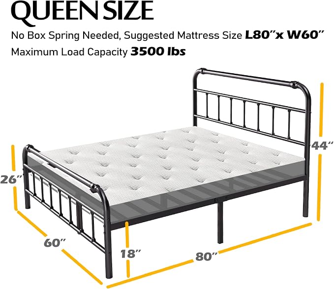 BOSRII Queen Size Bed Frame with Headboard and Footboard, 18 Inches High, 3500 Pounds Heavy Duty Metal Slats Support for Mattress, No Box Spring Needed, Noise-Free, Black