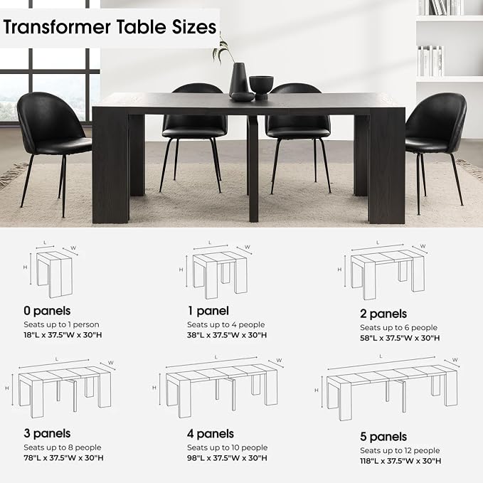 Transformer Table - Solid Wood Extendable Dining Table, Seats 2-12, Expandable Dining Room Table, Space-Saving Furniture, Kitchen and Dining Room Furniture (Black, Table + Bench + Coffee Table)