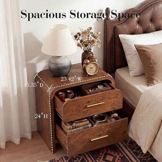 Night Stand Set of 2 [Unique Curved Profile] [FSC-Certified Wooden Board] 2-Drawer Nightstand 24" H Metal Handle Modern Sturdy Bedside Table Side Table End Table